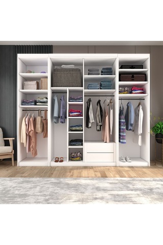 Sürgülü Gardırop İki Taraflı Boydan Kapaklı Orta Sürgülü Dolap 60+140+60 Cm Parlak Beyaz + Ud