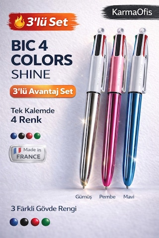 4 Colors Shine 3'lü Set Tükenmez Kalem 4 Renkli Kalem Mavi, Siyah, Kırmızı, Yeşil Metalik Gövde Cok Renkli1