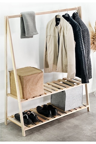 Ahşap Askılık Ayakkabılıklı Ayaklı Elbise Askısı 6014 Kahverengi