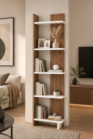 Andes Ceviz Renk Dekoratif Kitaplık Ve Çok Amaçlı Raf Ünitesi Modern Salon Kitaplığı Açık Raf Sistemi Ceviz Beyaz