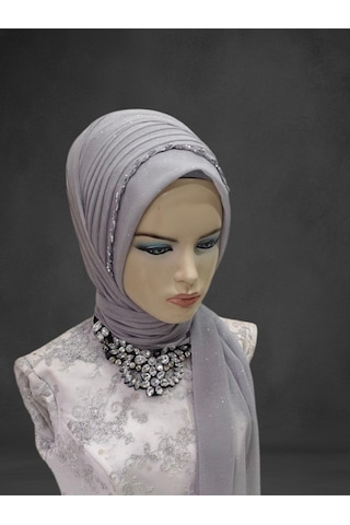 Açık Gri Simli Nadide Model Hazır Türban Hazır Duvak Hazır Şal
