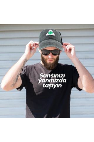 Perlotus Vintage Yıkamalı Pamuk Şapka Dört Yapraklı Yonca Nakışlı Yeşil Siyah