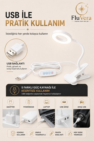 Usb Led Halka Masa Lambası 3 Renk Işık 360 Esnek Gövde Mandallı Klipsli Çalışma Okuma Makyaj Lambası Beyaz