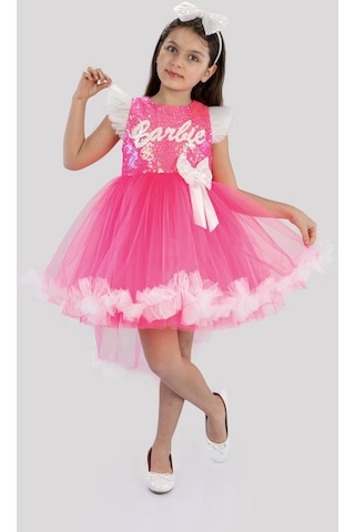 Pembe Barbie Ponpon Kuyruk Etekli Barbie Taçlı Kız Çocuk Doğum Günü Parti Elbisesi-Pembe