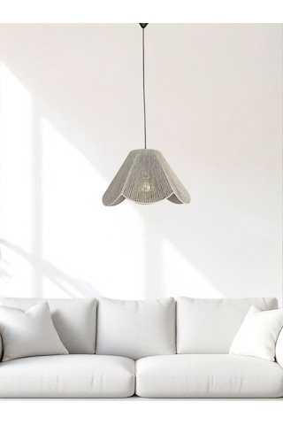 Hasır El Yapımı Bohem Çiçek Şekilli Rustik Avize - Gri Gri