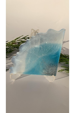 Deniz Mavi Tonlu Siyah Simli Üçgen Dalgalı Epoksi Bardak Altlığı Okyanus Mavisi