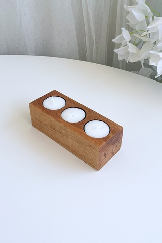 3'lü Ahşap Mumluk - 15x6x5 Cm - Doğal Kayın Ağacı Dekoratif Hediyelik Açık Renk Ahşap
