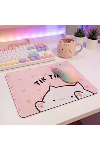 Tatlı Kedi Temalı Kalpli Ergonomik Pembe Mouse Pad - 23x19 Cm - Kaydırmaz Tabanlı Kaliteli Fare Altlığı Mousepad