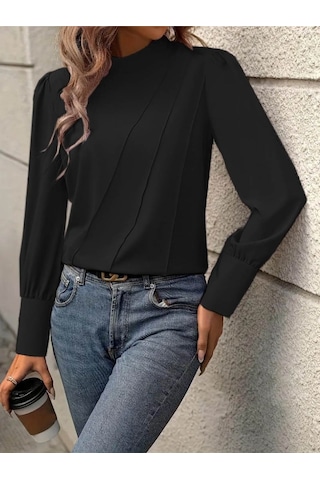 Tua Moda Kadın Uzun Kollu Balıkçı Yaka Önden Dikişli Dokuma Bluz Siyah