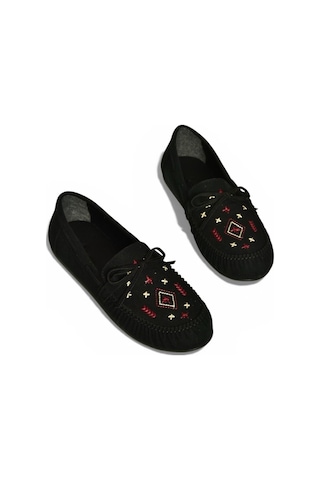 Fox Shoes Y996073102 Siyah Süet Renkli Motif İşlemeli Kadın Babet Siyah