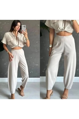 DefyModa Kadın Krep Kumaş Balon Pantolon Beyaz