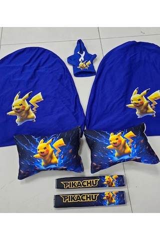 Mavi Pikachu Süper Set Dörtlü Servis Kılıfı + İkili Yastık Ve Kemer Kılıfı +vites Poları