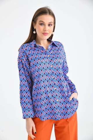 Saks Desenli Oversize Uzun Kol Basic Saten Gömlek 001