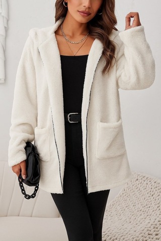 Kadın Uzun Kollu Kapşonlu Önden Fermuarlı Cepli Welsoft Ceket Bej