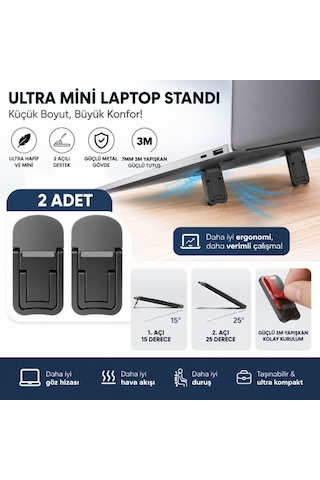 Polham Metal 2 Adet 7mm 3m Yapışkanlı Katlanabilir Ultra Mini Laptop Standı,2 Açılı Laptop Yükseltici Siyah