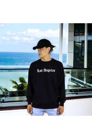 Sweatshirt Unisex Siyah Los Angeles Baskılı Oversize Sweatshirt Siyah