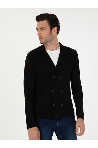 Cacharel Siyah Slim Fit Yün Karışımlı Kruvaze Triko Hırka