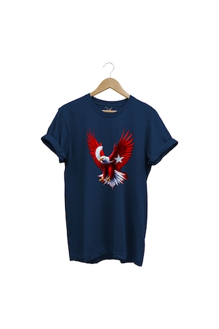 Türkiye Ay Yıldız Türk Bayrağı Kartal Tasarım Baskılı %100 Pamuk Regular Fit Bisiklet Yaka T-shirt Lacivert