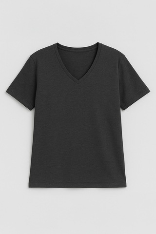 Markapia Kadın V Yaka Kısa Kollu Düz T-shirt Antrasit