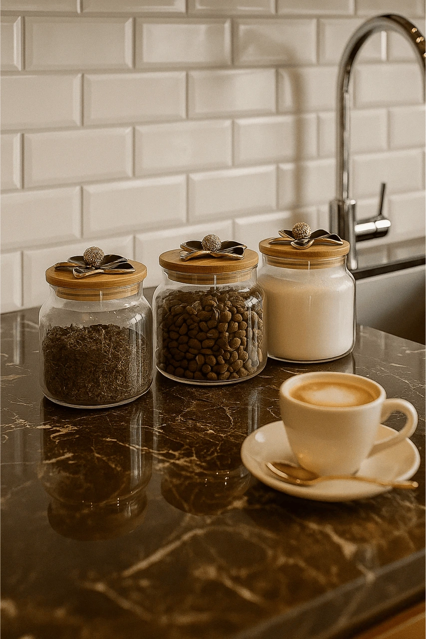 3'lü Metal Siyah Çiçek Figürlü Bambu Kapaklı Cam Kavanoz Şık Saklama Kabı 635 Cc Şeffaf