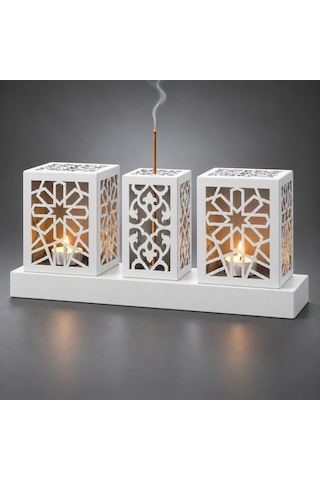 Lazer Kesim Metal Tealight Mumluk Ve Tütsülük Seti Geometrik Selçuklu Yıldızı Motifli Modern Ev Dekoru Benzersiz Masa Süsü Ve Hediye Beyaz