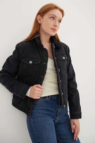 Fashion Frends İçi Kürklü Denim Ceket Siyah