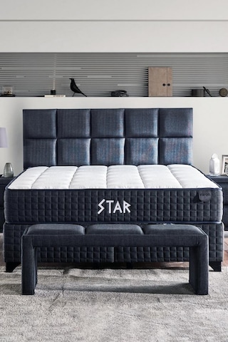 Star Yatak Seti 90x190 Cm Tek Kişilik Yaylı Sert Ortopedik Yatak Antrasit Lüks Baza Başlık Takımı 90 x 190