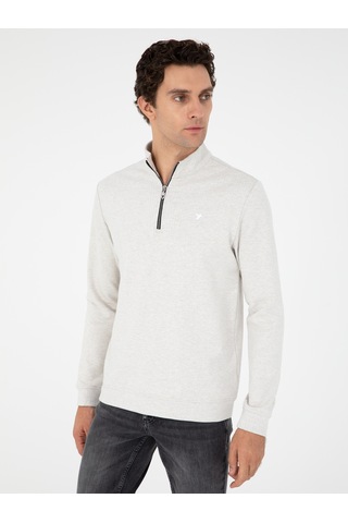 Ekru Regular Fit Pamuk Karışımlı Yarım Fermuarlı Sweatshirt Bej