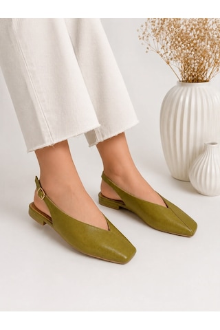 Dabab Shoes Lıvora Kadın Yağ Yeşili Kare Burun Tokalı Düz Taban Slingback Casual Babet Ayakkabı Yeşil