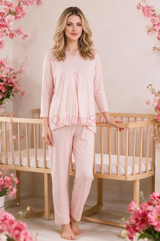 Lady Bebe Pembe Renkli Dantel Detaylı, 33201 Uzun Kol, 2 Parça Lohusa Hamile Pijama Takımı Açık Pembe