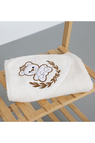 %100 Pamuk Yenidoğan Bebek Kundak Nakışlı Banyo Havlusu Krem