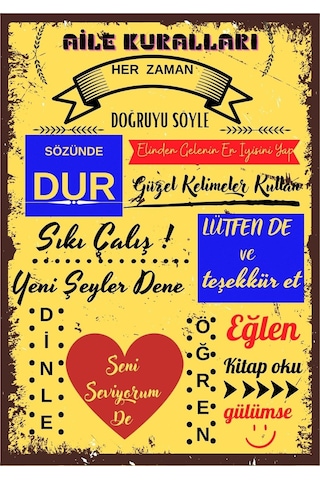 Aıle Kuralları Ahşap Duvar Ve Kapı Süsü- Retro Ahşap Pano 28 X 20