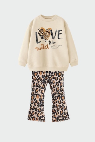 Lolliboomkids Kız Çocuk Love Leopar Baskılı İspanyol Paça Tayt Alt Üst Takım 3 İplik Taş