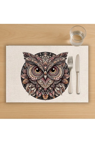 Renkli Baykuş Tasarımlı Amerikan Servis, Tabak Altlığı & Şık Masa Dekoru, Ev Hediyesi, 2 Adet Krem