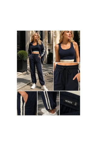 Kadın Lacivert Spor Takım Şerit Detaylı Crop, Oversize Ceket Ve Lastikli Bağcıklı Pantolon - 2322 S