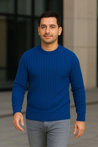 Novalisse Erkek Fitilli Triko Bisiklet Yaka Kalın Kazak 3'lü Set Beyaz-saks Mavisi-siyah Çoklu Renk