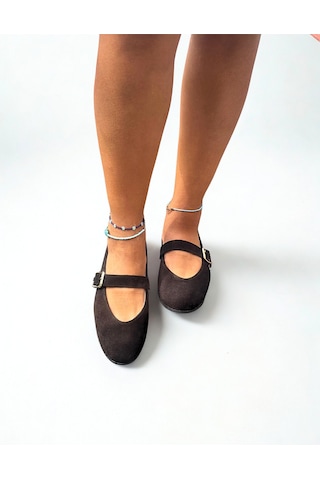 Ne&ve Shoes Siyah Süet Hakiki Deri Yuvarlak Burunlu Tokalı Kadın Babet