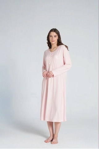 Pijadore 1705 Melisa Kadın Uzun Kollu Düğmeli Uzun Gecelik Pembe