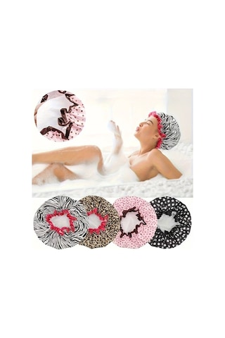 Elmpaly 4 Adet Çift Katlı Duş Bone - Zebra Leopar Nokta Çiçek Desenli Saç Koruyucu Diğer