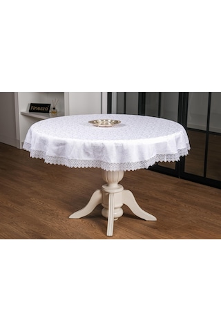 Finezza Duygu Güpürlü Jakar Kumaş Beyaz Masa Örtüsü 160cm Yuvarla