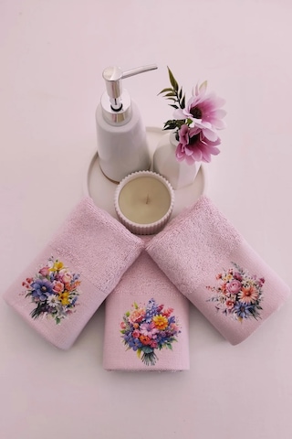 3'lü Çiçek Baskılı Bambu Havlu Takımı - Pembe El & Mutfak Havlusu Seti - Ekstra Yumuşak - 30x50 Cm Pembe