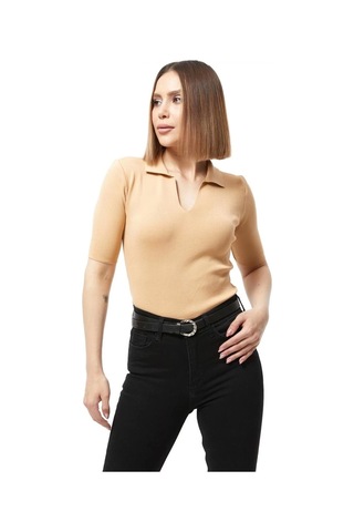 Defymoda Gömlek Yaka Yazlık Triko Bluz Bej