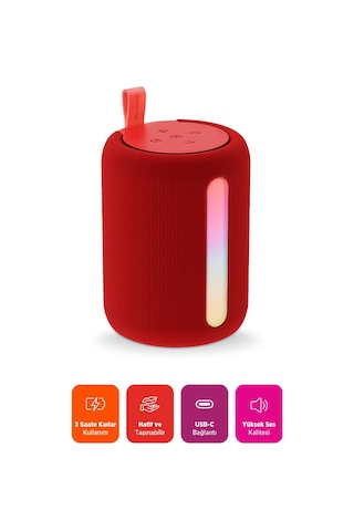Polosmart Pbs228 Işıklı Taşınabilir Kablosuz Bluetooth Speaker Hoparlör 1200 Mah Kırmızı
