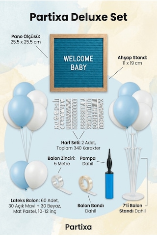 Hastane Odası Süsleme Hoş Geldin Bebek İlk Gün Deluxe Set Erkek Mavi Keçe Yazı Panosu Standlı Pompa Balon Zincirli 7 Li Balon Standlı Çocuk