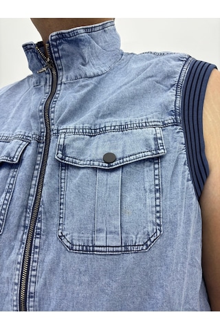 Büyük Beden Denim Dik Yaka Fermuarlı Cepli Bomber Erkek Yelek Mavi