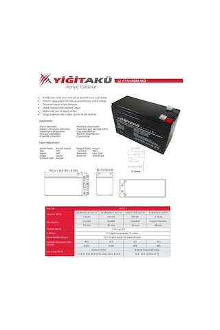 Yiğit Akü 12 V 7Ah Amper Agm Ups Güç Kaynağı Aküsü Pilsan