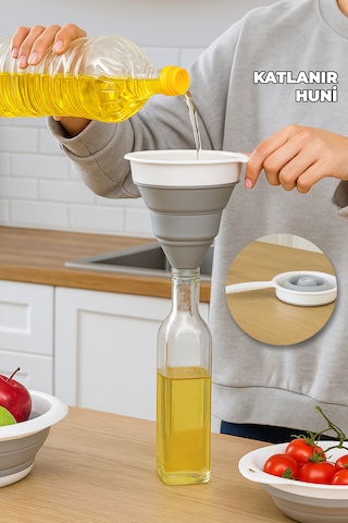 Yer Kaplamaz Katlanır Huni - Şişe Kavanoz Bidon Hunisi - Katlanabilir Akordiyon Huni - Silikon Huni