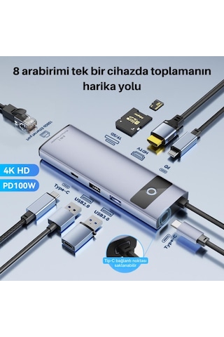 Polham 8in1 100w Type C Çoğaltıcı Hub, 2x Usb, 2x Pd Type C, 1x Tf/sd, 1x 4k Hdmi, 1x Rj45 Çoğaltıcı Adaptör