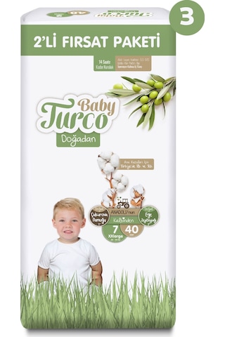 Baby Turco Doğadan 2'li Süper Fırsat Paketi Bebek Bezi 7 Numara 120 Adet 3'lü