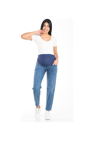 Busa Hamile Esnek Karın Bantlı Arka Kemerli Mom Fit Kot Pantolon Mavi-mavi